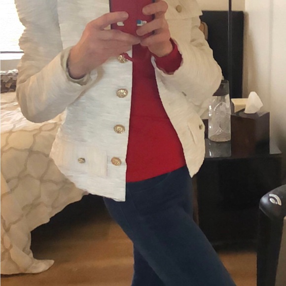Ivory Jacket w/ rhinestone buttons w/ textured/ribbed / gathered fabric. - Picture 8 of 9